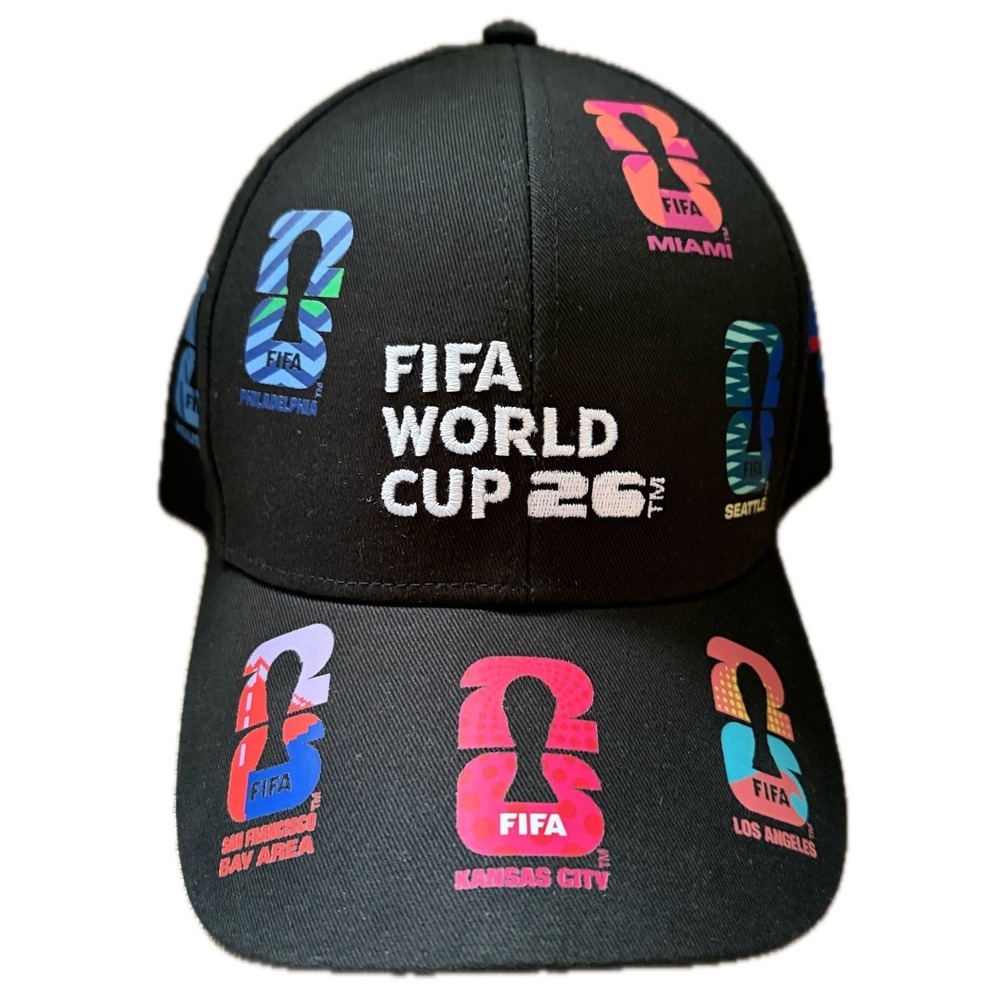 FIFA World Cup 26 Host Cities Baseball Cap Black Soccer Hat All Cities NWT